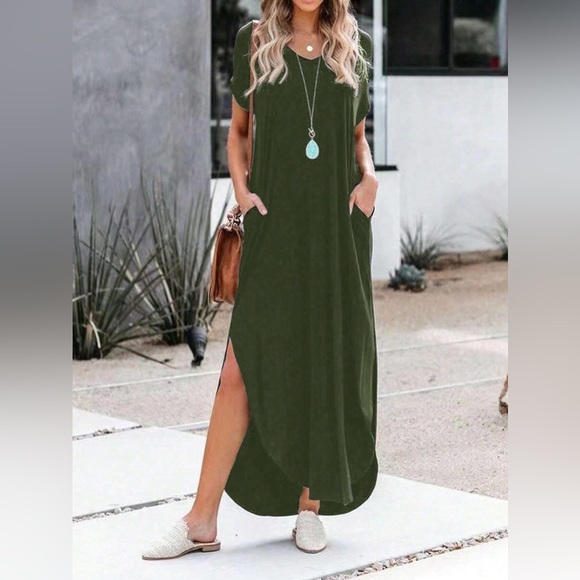 V neck short sleeve maxi dress slits with pockets black - Picture 4 of 4